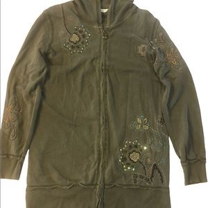 Women’s Vertigo Paris Embroidered Back Front Sleeves Olive GreenTunic Hoodie